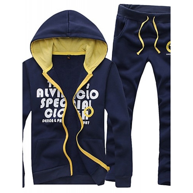 Men's Fashion Letters Printed Hooded Set,Cotton / Polyester Long Sleeve Black / Blue / White / Gray
